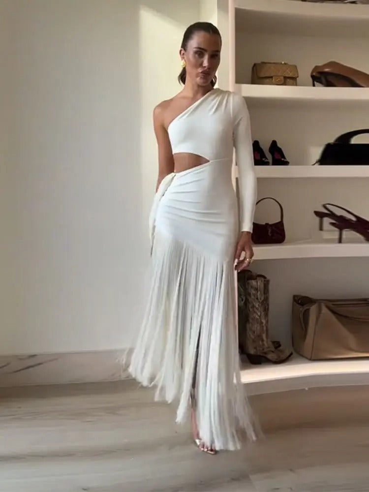 Vestido largo para mujer con hombro descubierto y flecos – Estilo elegante moderno