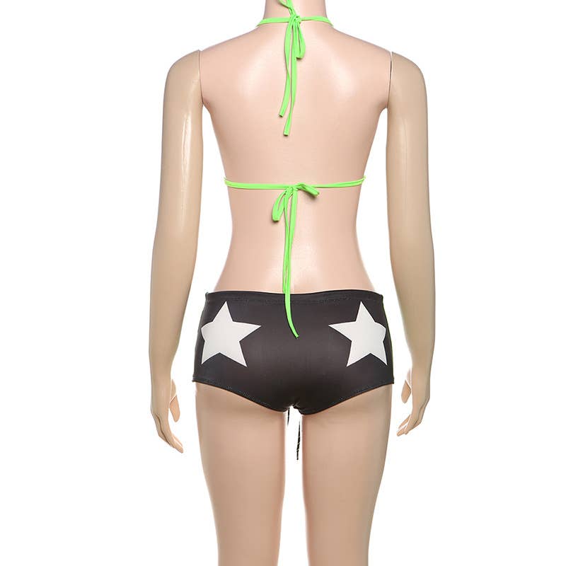 Bikini 2 Piezas Mujer Negro – Top Triángulo Halter & Braguita Shorty con Detalles Verde Neón