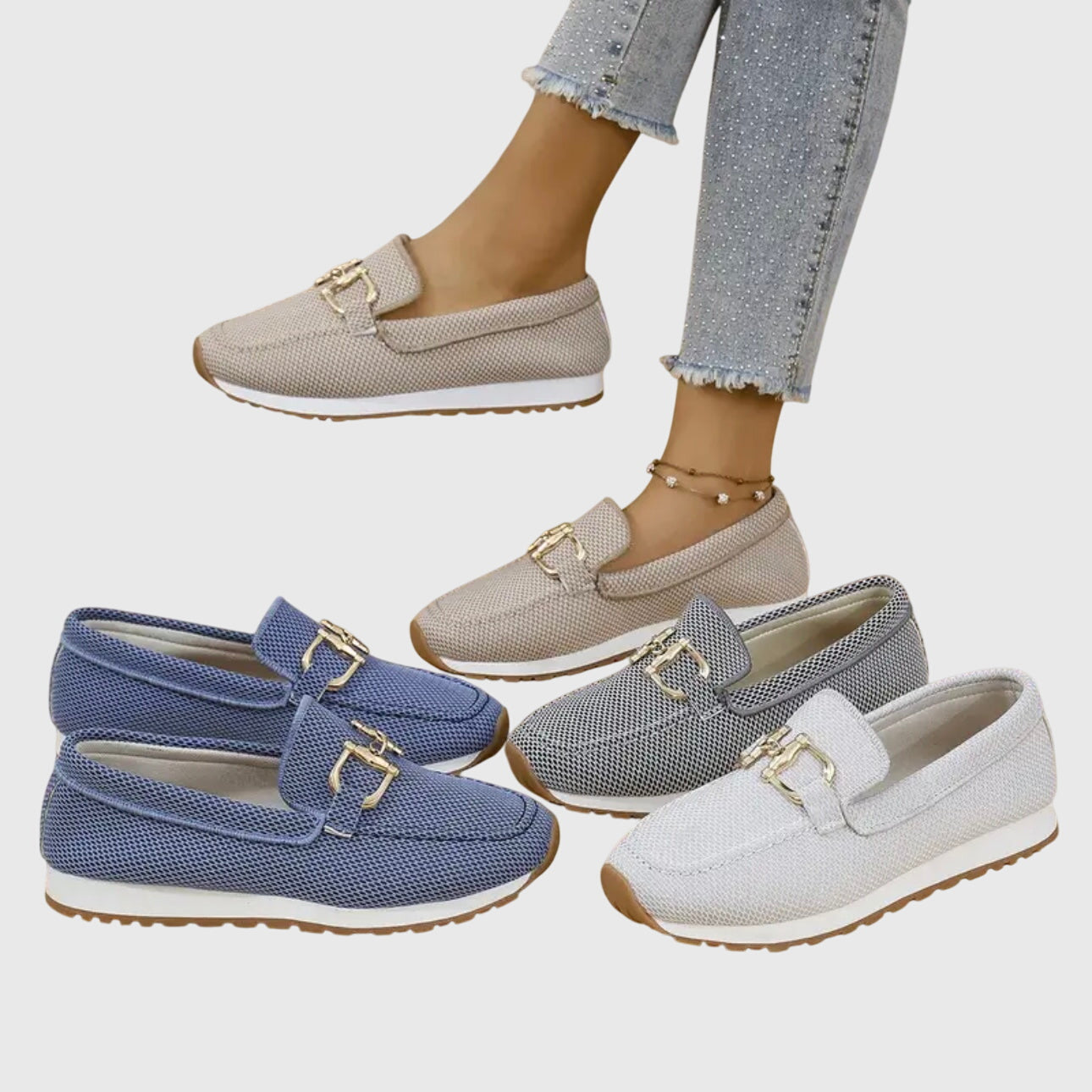 Mocasines ortopédicos para mujer uso diario oficina transpirables suela acolchada herrajes dorados azul gris – Susana