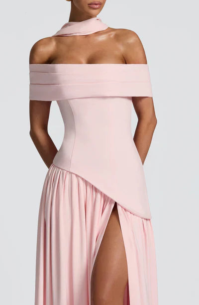 Abito da Sera Lungo Donna con Spalle Scoperte e Scollo Bardot – Stile Elegante