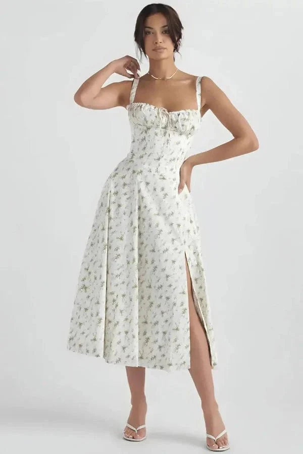 Robe Invitée de Mariage Midi Femme Polyester Corsage Froncé Nœud Dos Fente Latérale Floral – Linsay
