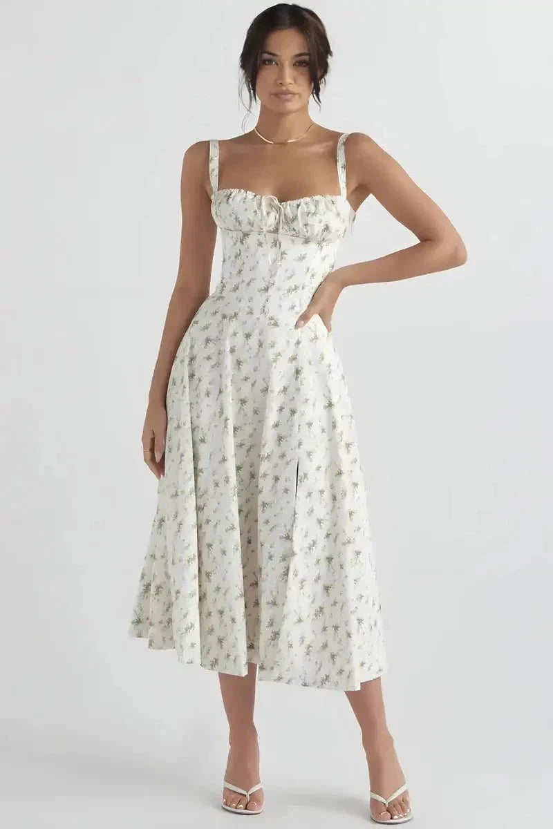 Robe Invitée de Mariage Midi Femme Polyester Corsage Froncé Nœud Dos Fente Latérale Floral – Linsay
