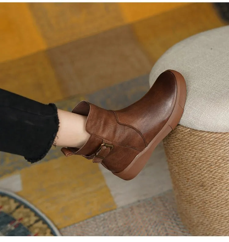 Leather Ankle Boots for Women with Side Buckle and Comfortable Sole