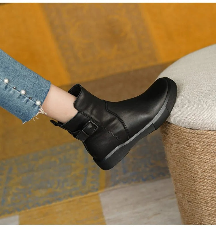 Leather Ankle Boots for Women with Side Buckle and Comfortable Sole