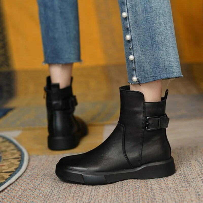 Leather Ankle Boots for Women with Side Buckle and Comfortable Sole