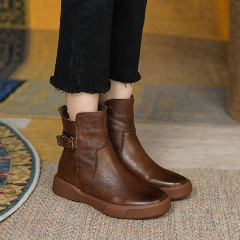 Leather Ankle Boots for Women with Side Buckle and Comfortable Sole