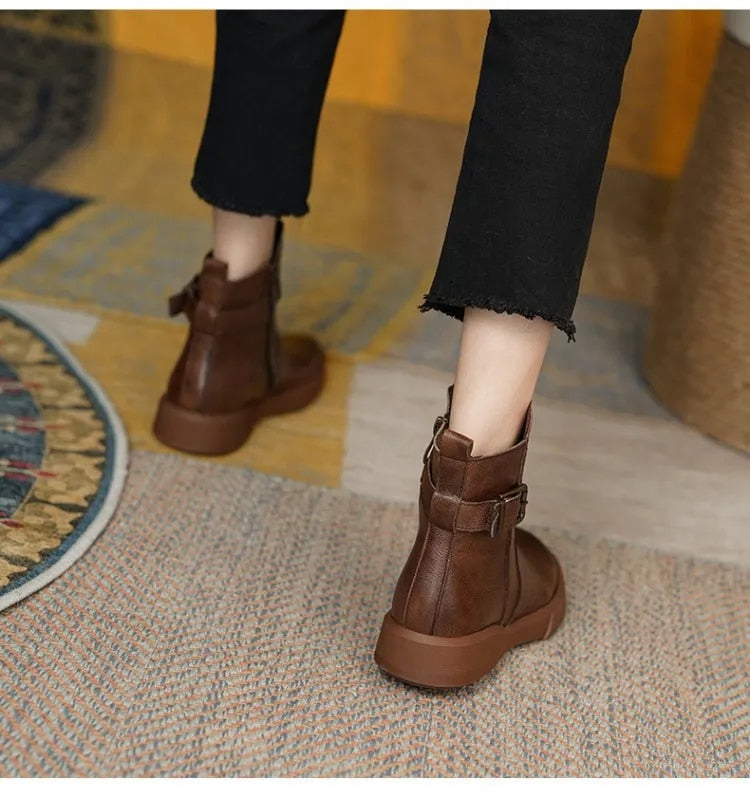Leather Ankle Boots for Women with Side Buckle and Comfortable Sole