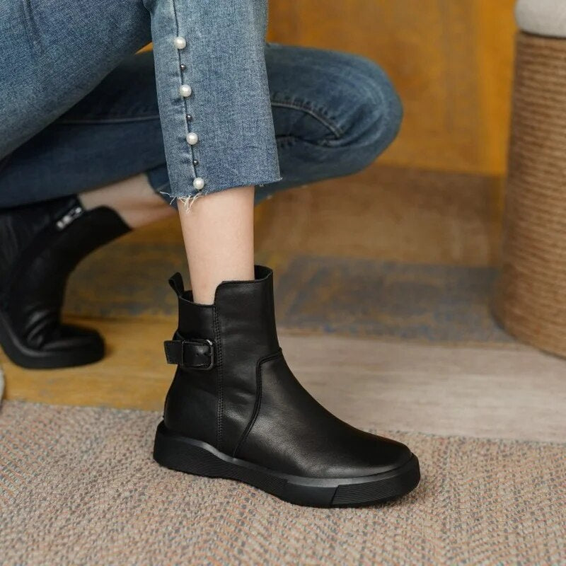 Leather Ankle Boots for Women with Side Buckle and Comfortable Sole