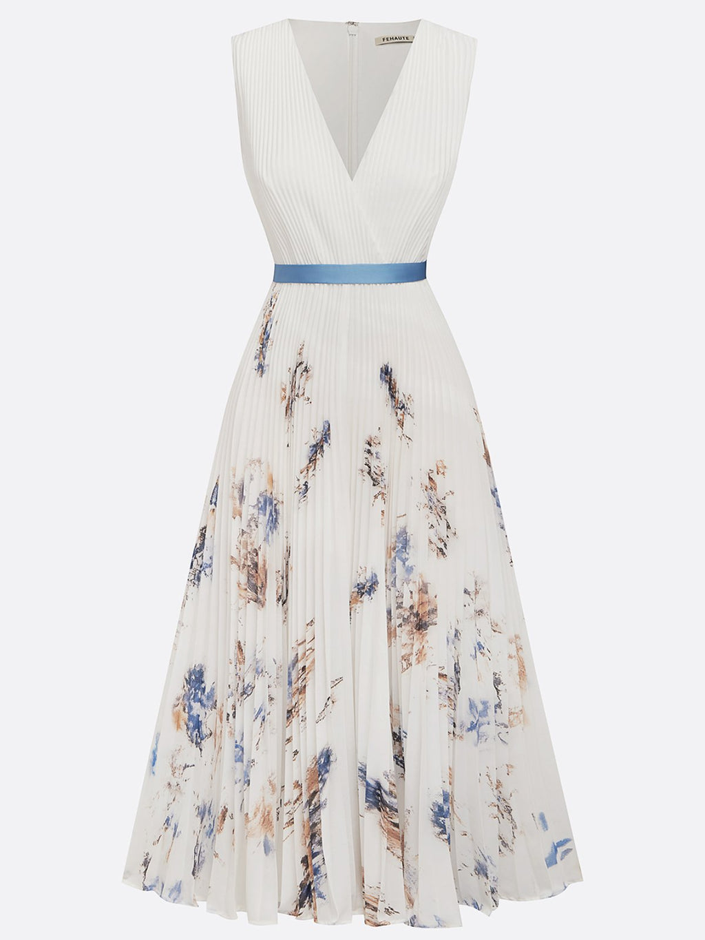 Vestido midi de ceremonia para mujer plisado con estampado floral azul y blanco – Jessie