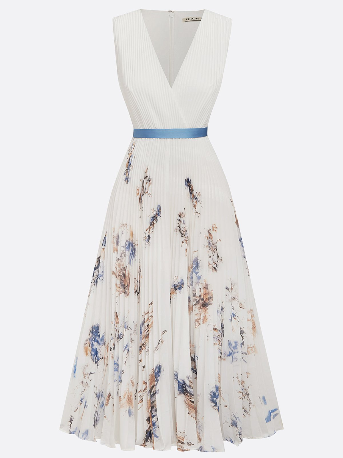 Vestido midi de ceremonia para mujer plisado con estampado floral azul y blanco – Jessie