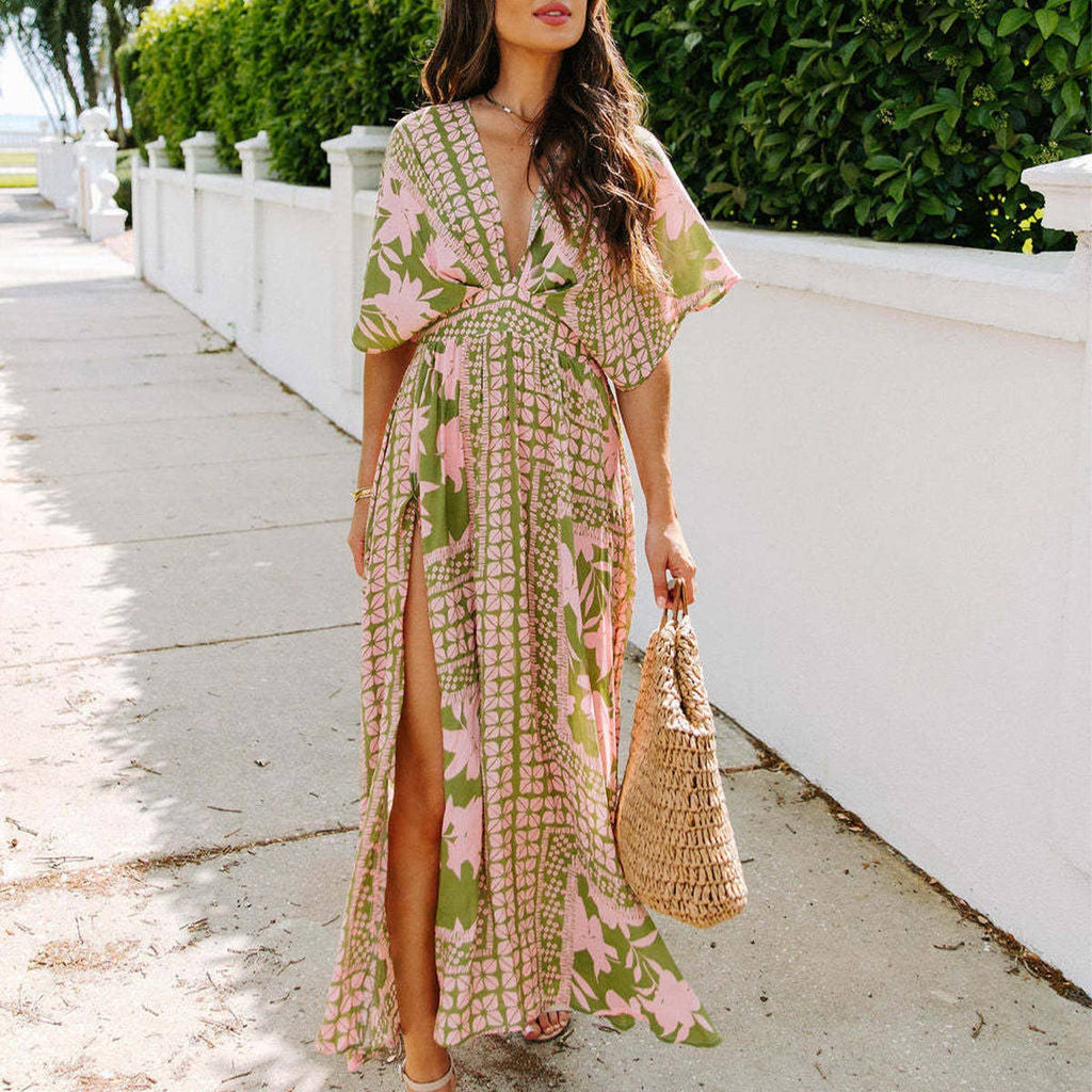 Long Printed Dress for Women – Elegant Bohemian Dress with V-Neck and High Slit