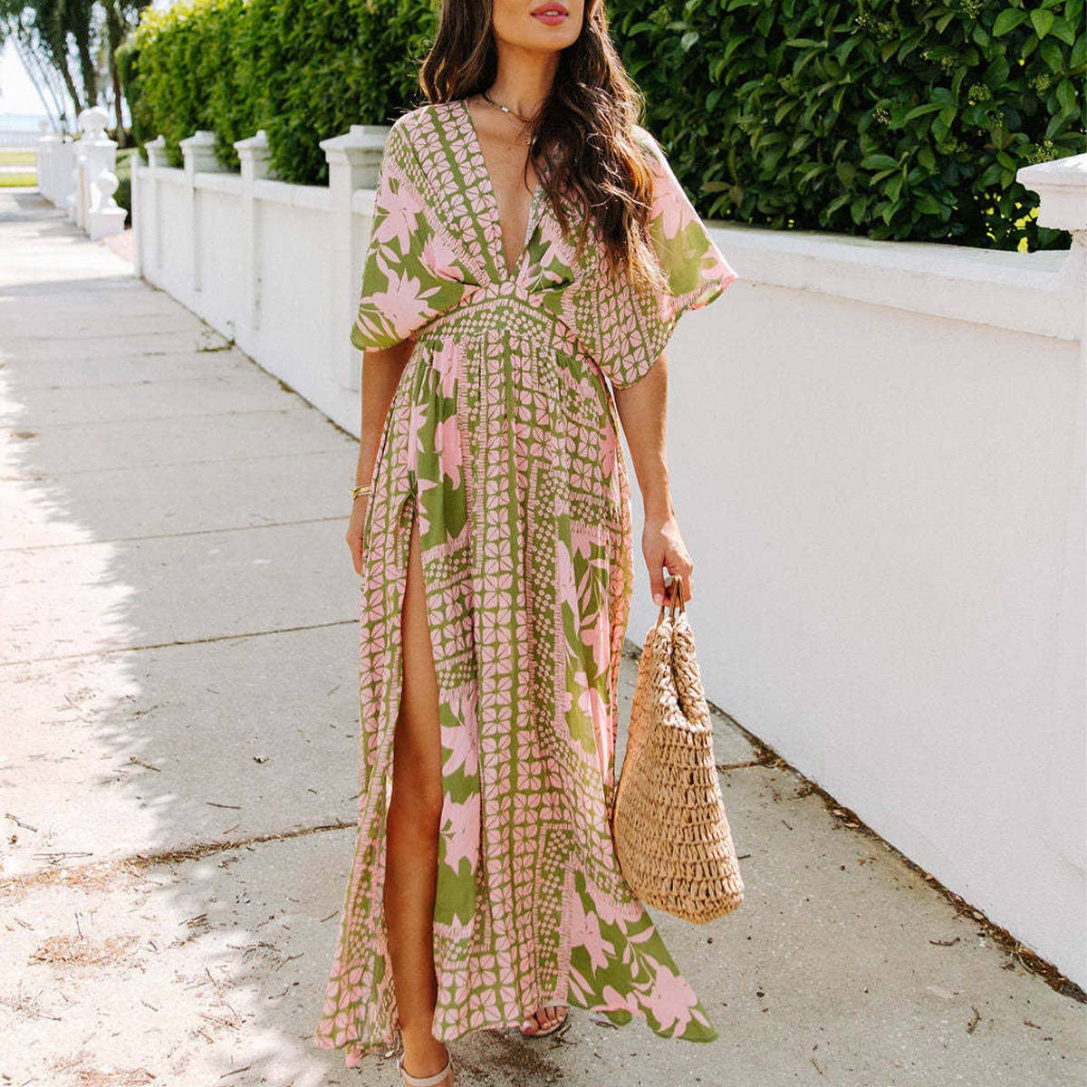 Long Printed Dress for Women – Elegant Bohemian Dress with V-Neck and High Slit