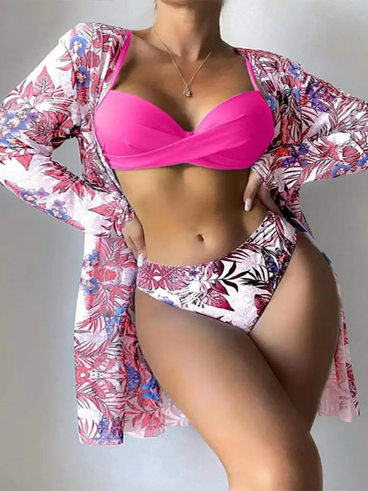 Women's Floral Bikini Beach Vacation 3-Piece Set with Cover-Up Dress Green Purple – Beach Flowers