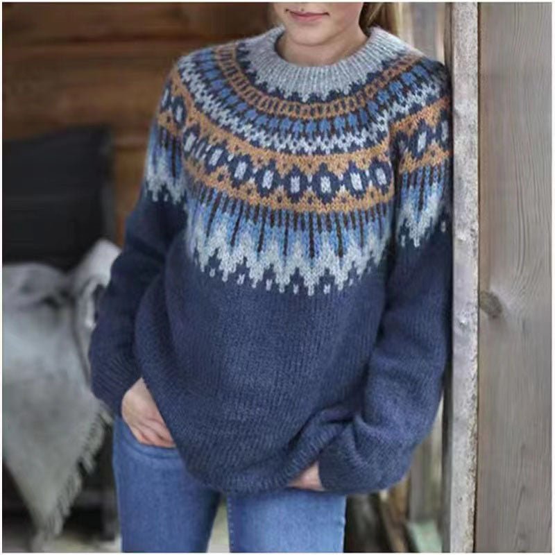 Maglione Donna Fair Isle Girocollo in Maglia Calda