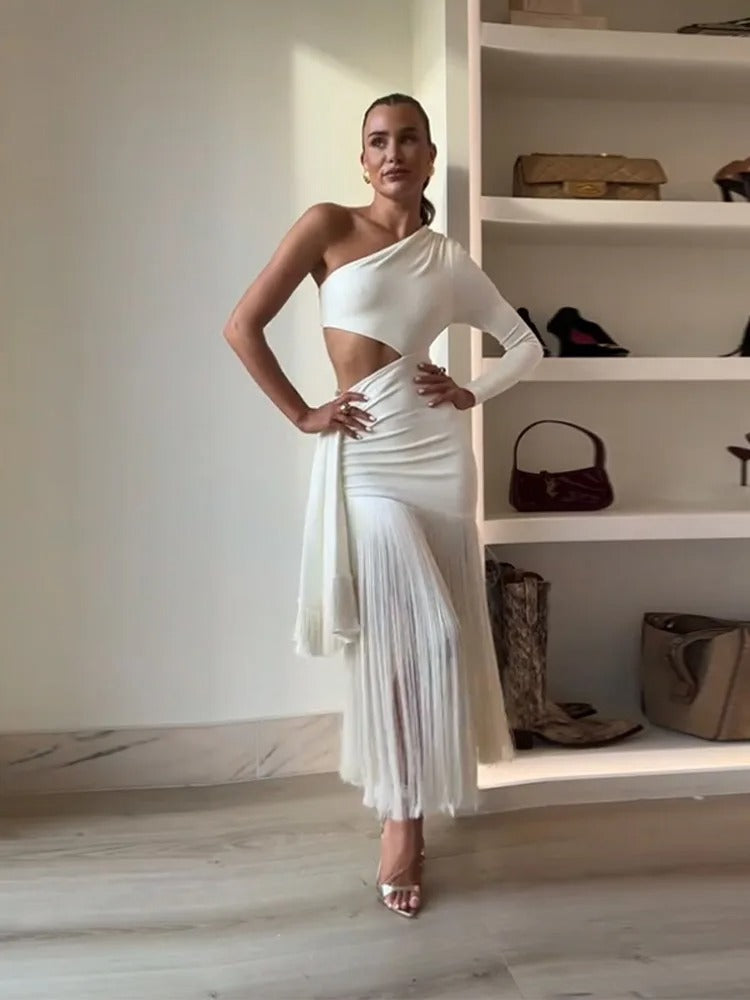 Vestido largo para mujer con hombro descubierto y flecos – Estilo elegante moderno