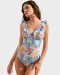 One-Piece Floral Swimsuit with Deep V-Neckline and Ruffled Details