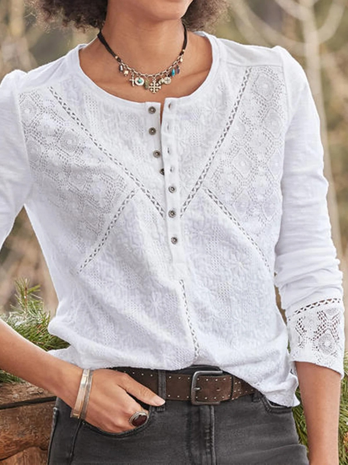 Elegant Women's Shirt Daily Office Lace Round Neck Long Sleeves Flattering Fit White – Round Lace