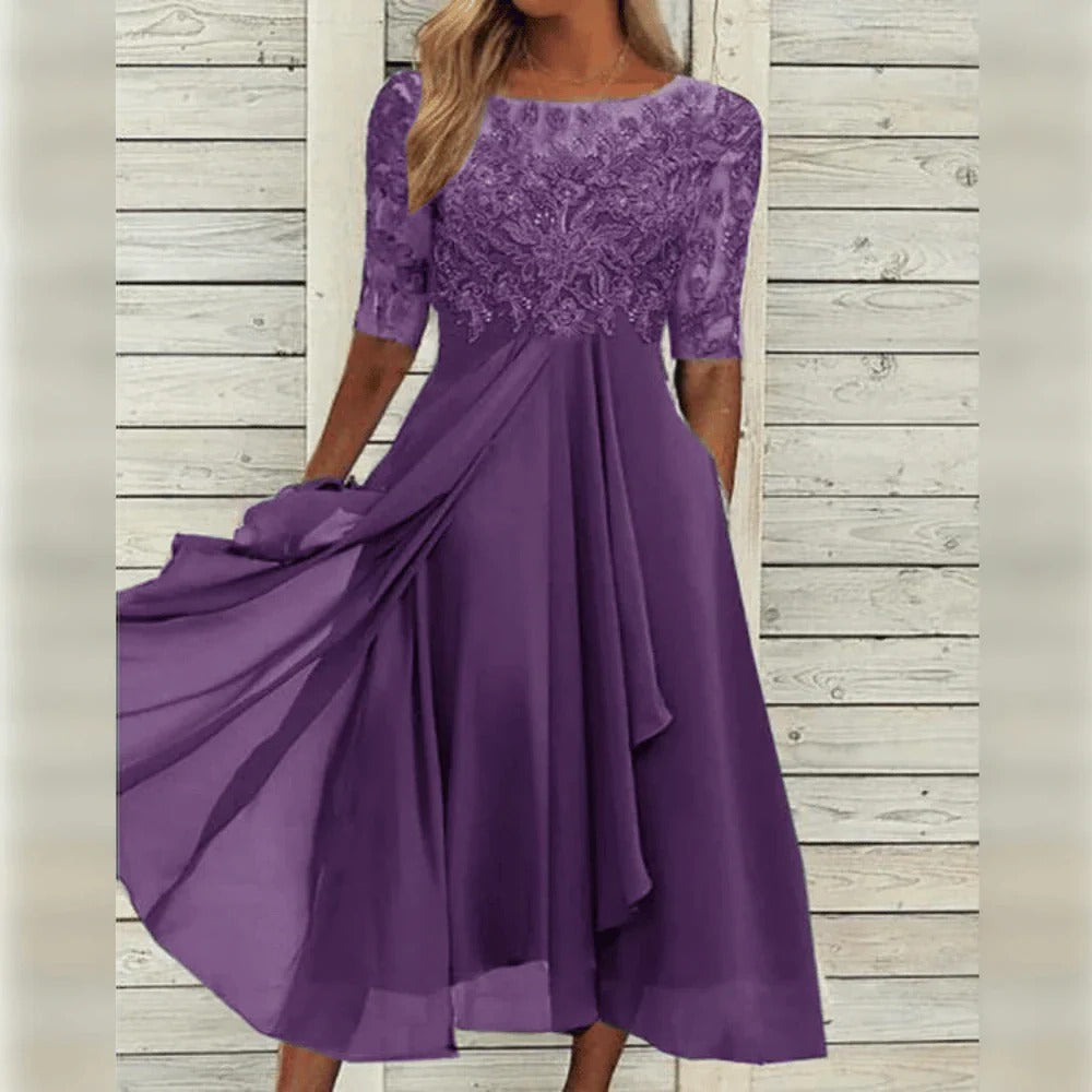 Vestido de Noche Elegante Mujer Boda Cóctel Cena Encaje Top Falda Fluida Violeta Verde Rosa – Elegancia Especial