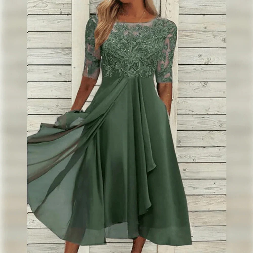 Vestido de Noche Elegante Mujer Boda Cóctel Cena Encaje Top Falda Fluida Violeta Verde Rosa – Elegancia Especial