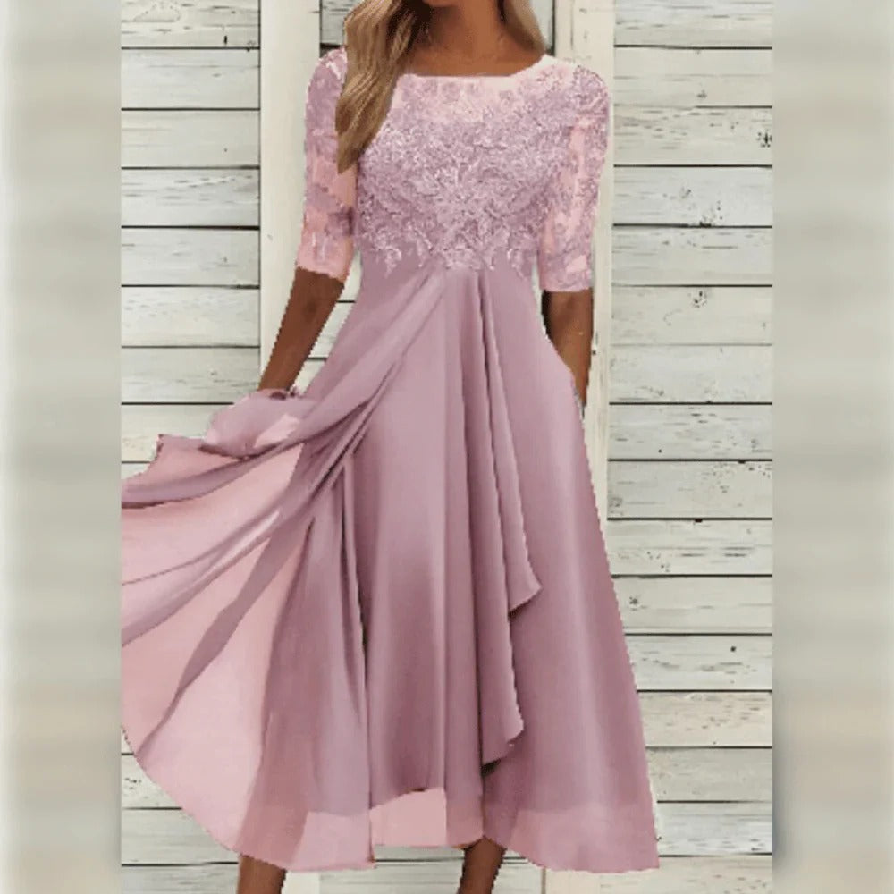 Robe de Soirée Élégante Femme Mariage Cocktail Dîner Dentelle Haut Jupe Fluide Violette Verte Rose – Élégance Spéciale