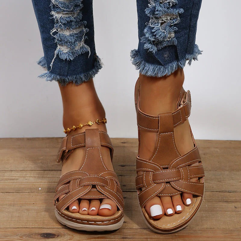 Sandales Orthopédiques Femme Quotidien Été Fermeture Velcro Semelle Compensée Matériaux Exquis Marron Noir – Velcro Ortho