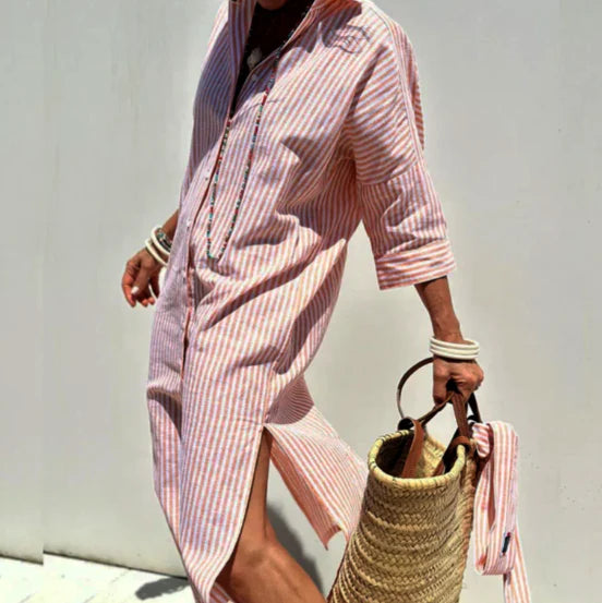 Vestido camisa largo a rayas para mujer – Mangas largas, corte fluido, estilo chic