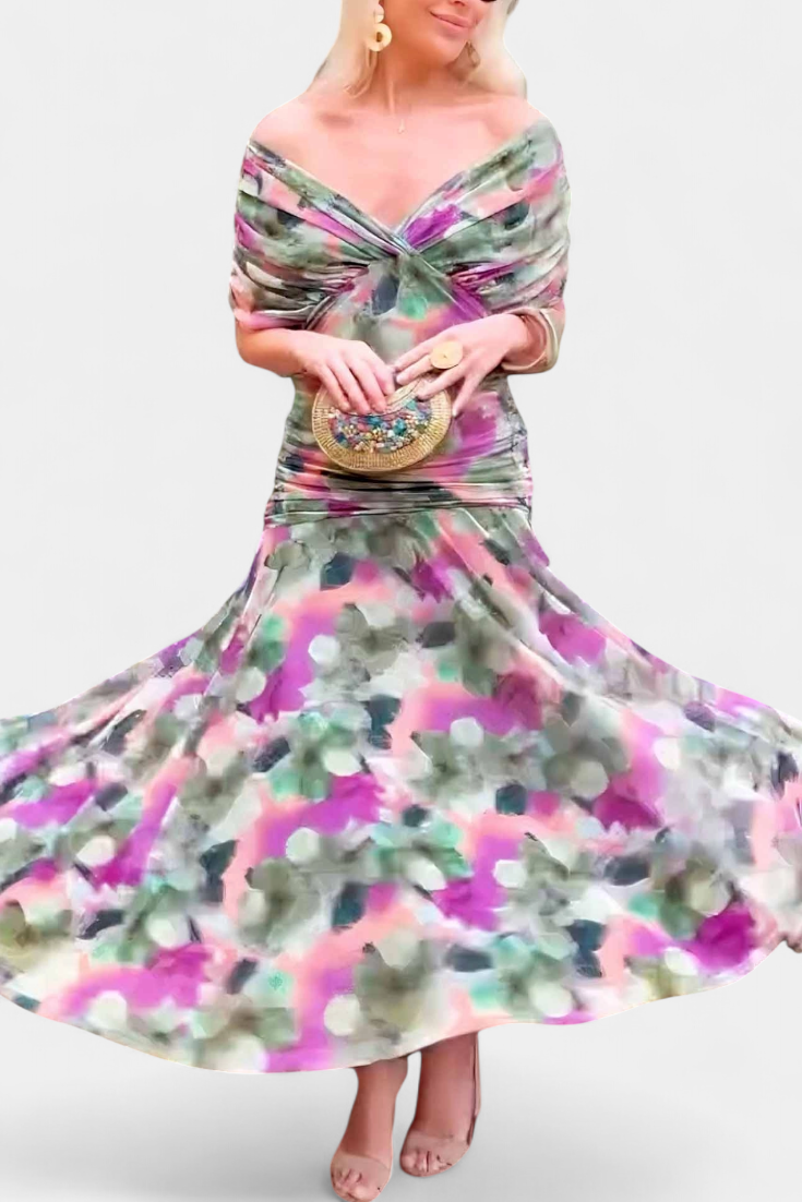 Vestido Largo Mujer Escote en V Estampado Floral Estilo Elegante Romántico Ocasión Chic – Laluna