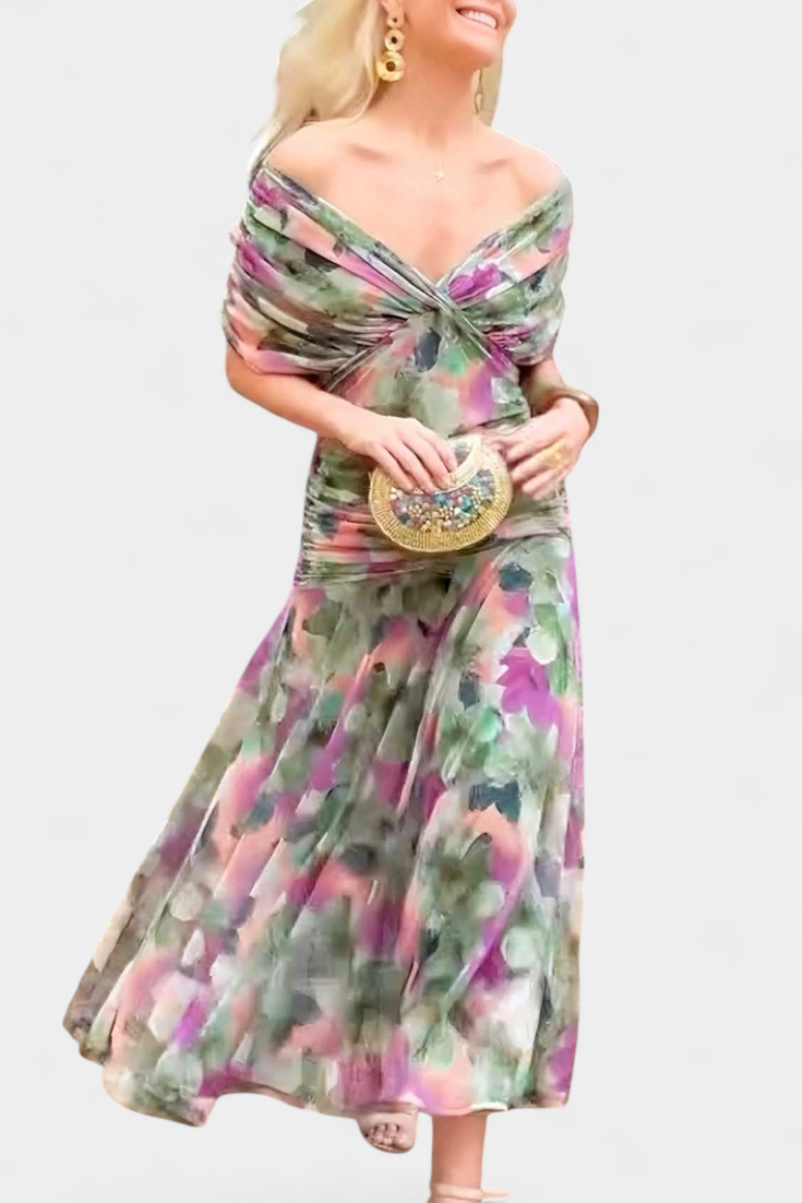 Vestido Largo Mujer Escote en V Estampado Floral Estilo Elegante Romántico Ocasión Chic – Laluna