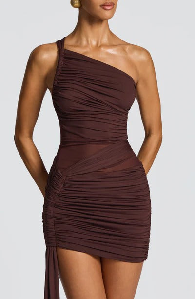 Short Fitted Women's Dress with Asymmetrical Cut – Elegant Style