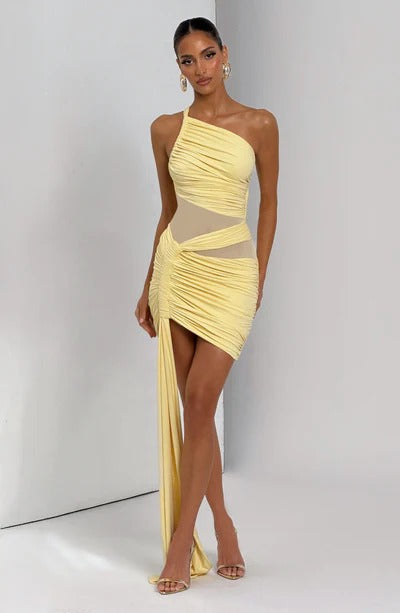 Short Fitted Women's Dress with Asymmetrical Cut – Elegant Style