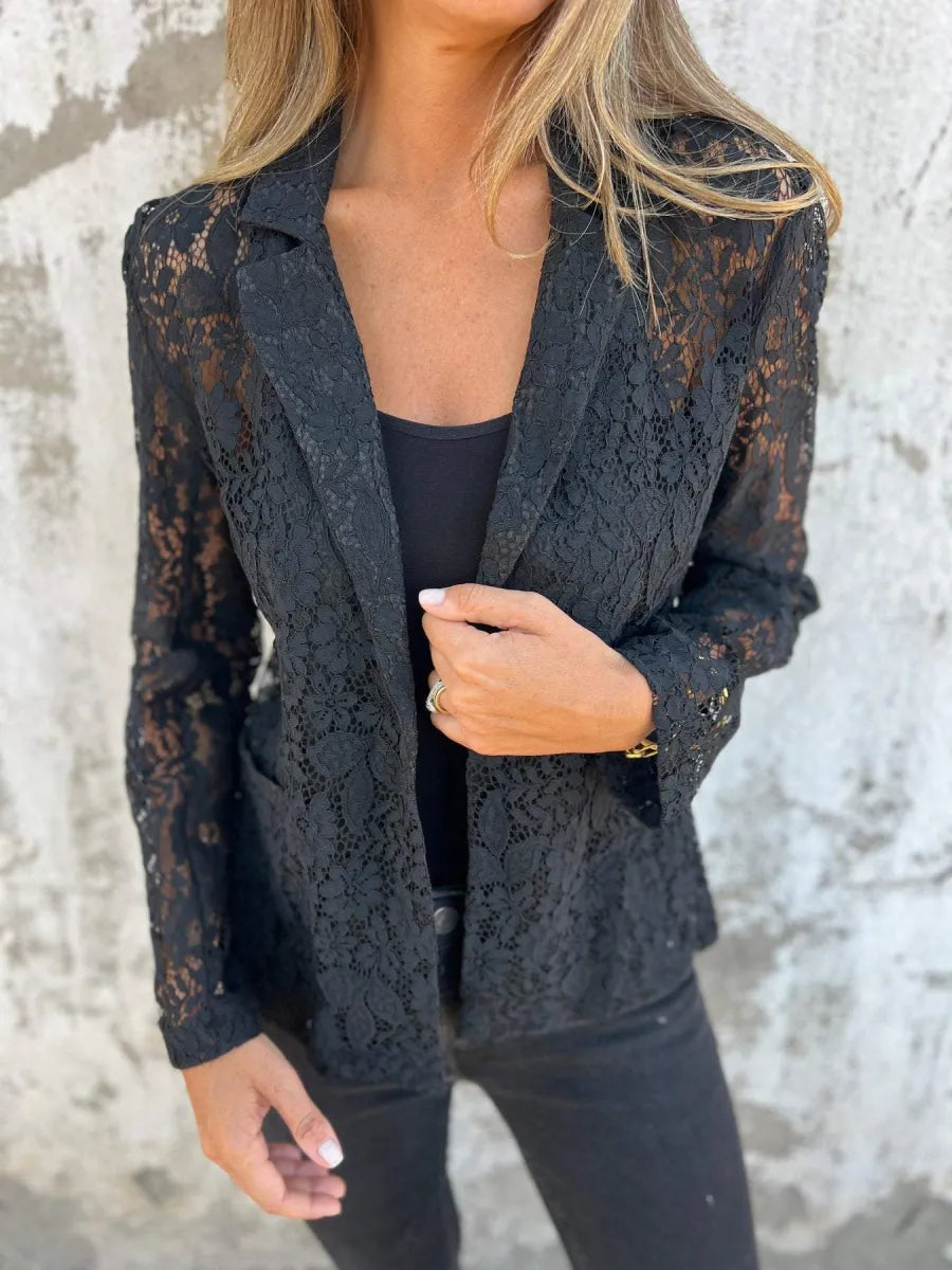 Blazer Donna in Pizzo Aperto Davanti Maniche Lunghe Elegante