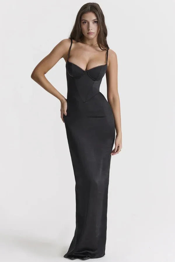 Robe Invitée de Mariage Longue Femme Satin Brillant Corsage Structuré Bretelles Fines Noire – Haven