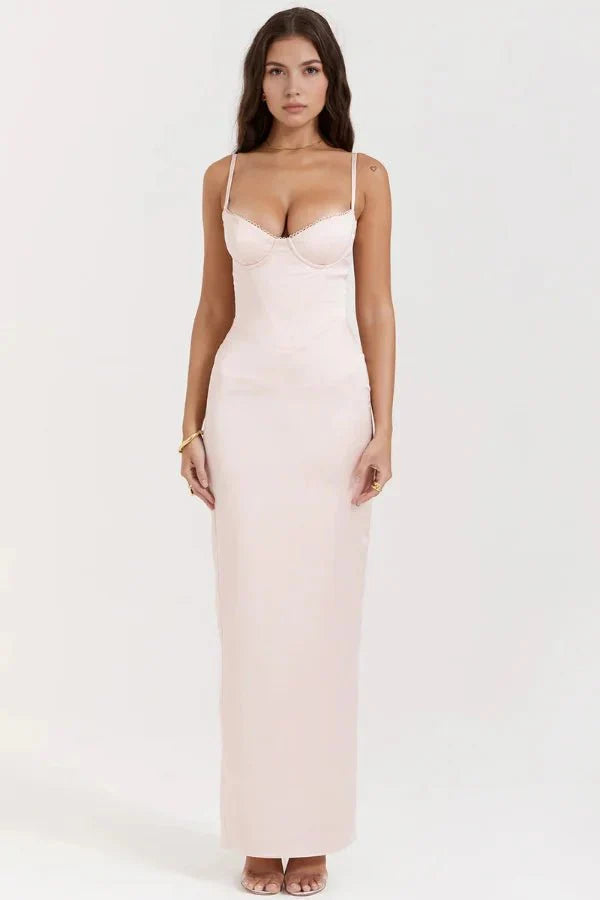 Robe Invitée de Mariage Longue Femme Satin Brillant Corsage Structuré Bretelles Fines Noire – Haven