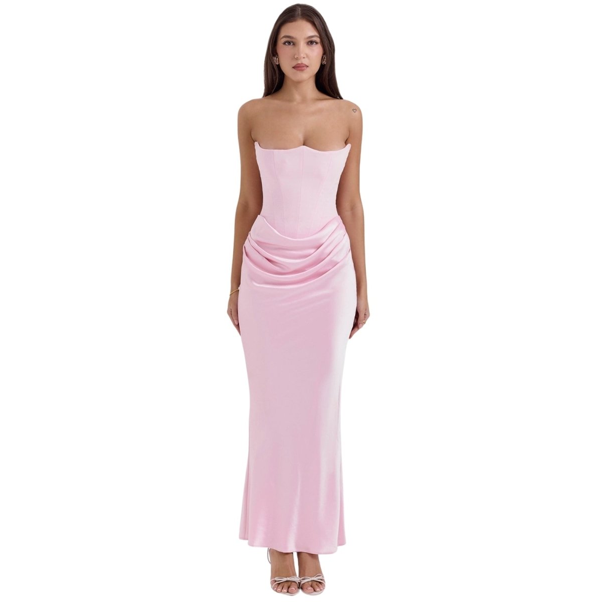 Robe Invitée de Mariage Soirée Longue Femme Satin Corset Sans Bretelles Coupe Sirène Ourlet Sol Taupe – Sloane