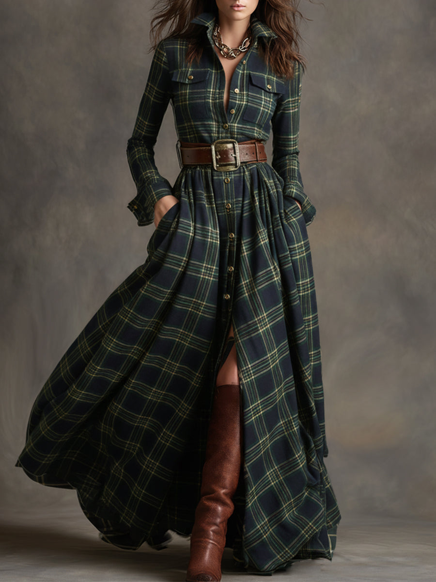Robe Longue Bohème Ethnique Rétro Quotidien Bureau Carreaux Contrastés Mélange Coton Marron – Reddish Revers