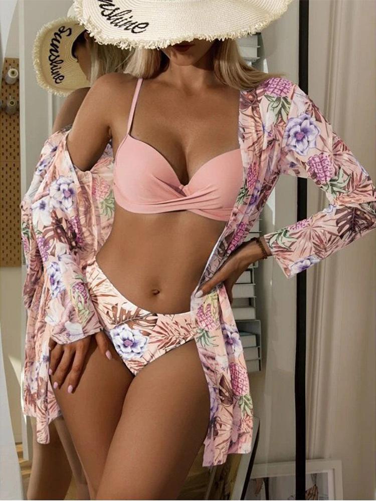Women's Floral Bikini Beach Vacation 3-Piece Set with Cover-Up Dress Green Purple – Beach Flowers