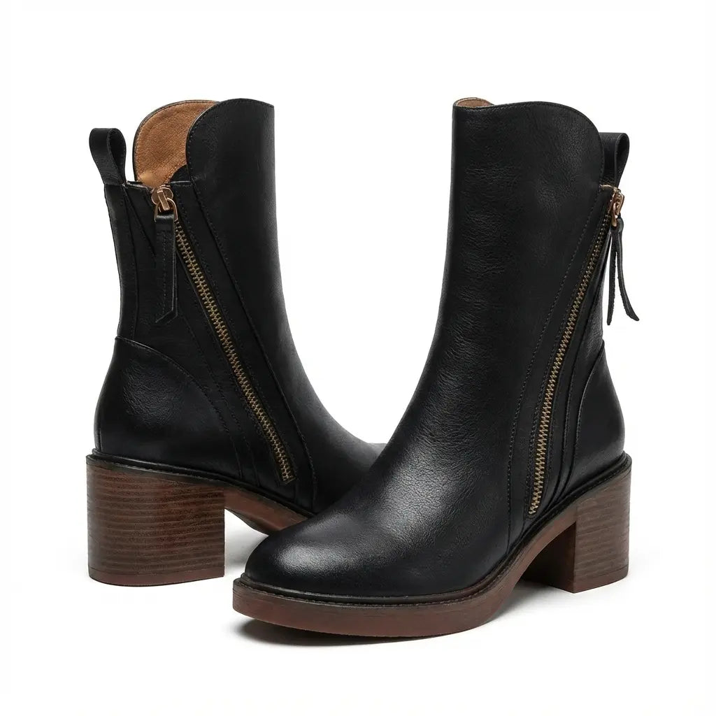 Bottines Femme à Talon Bloc avec Fermeture Éclair Latérale