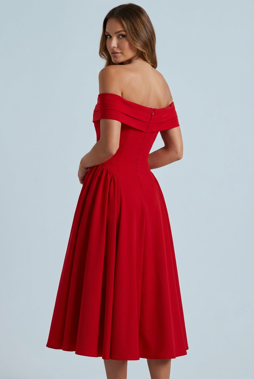 Évélisse | Abito da Sera Midi Plissettato con Spalle Scoperte Elegante Donna