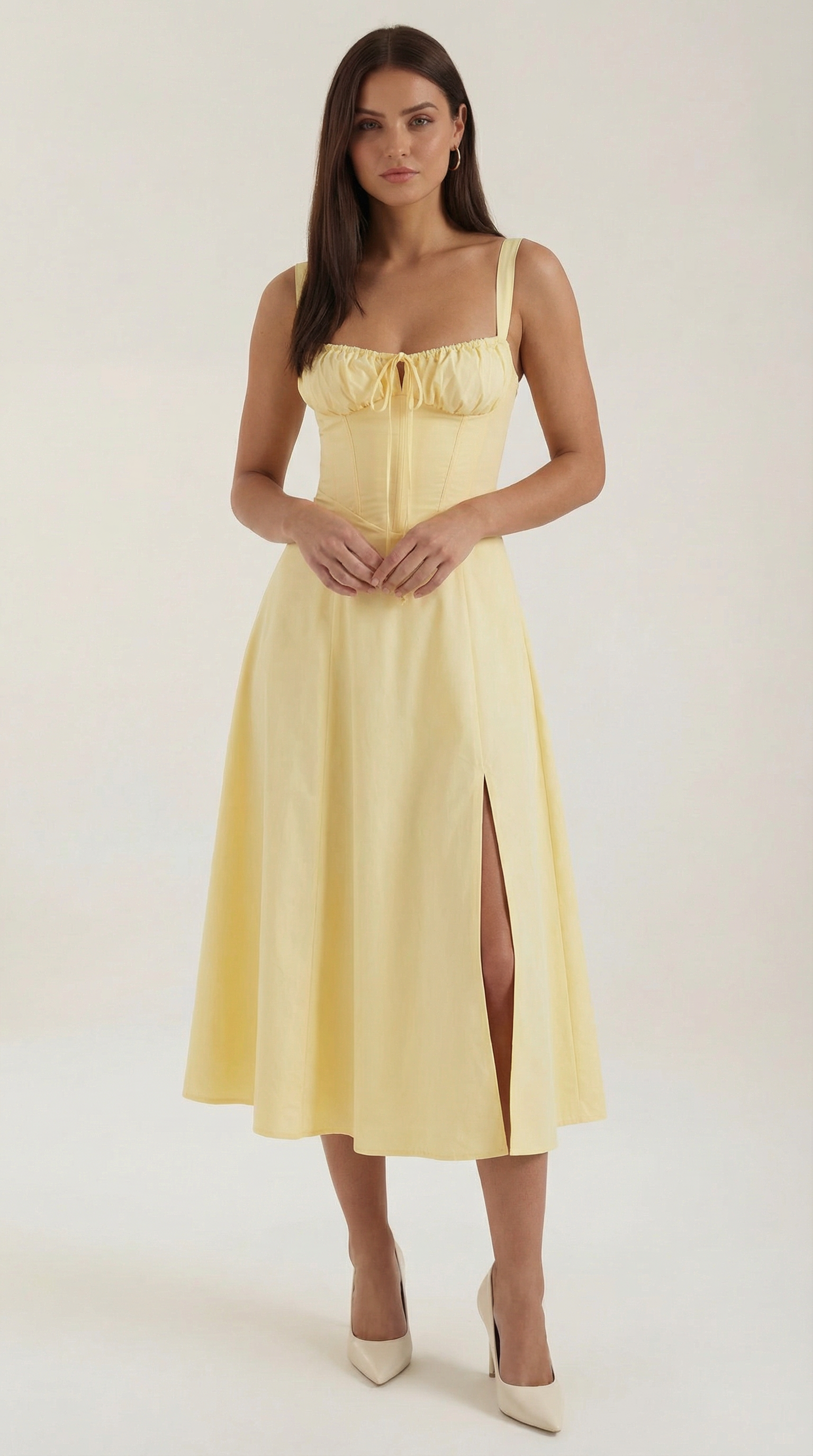 Robe Midi à Lacets Femme Décolleté Cœur Jupe Évasée Fente Latérale – Jadélia