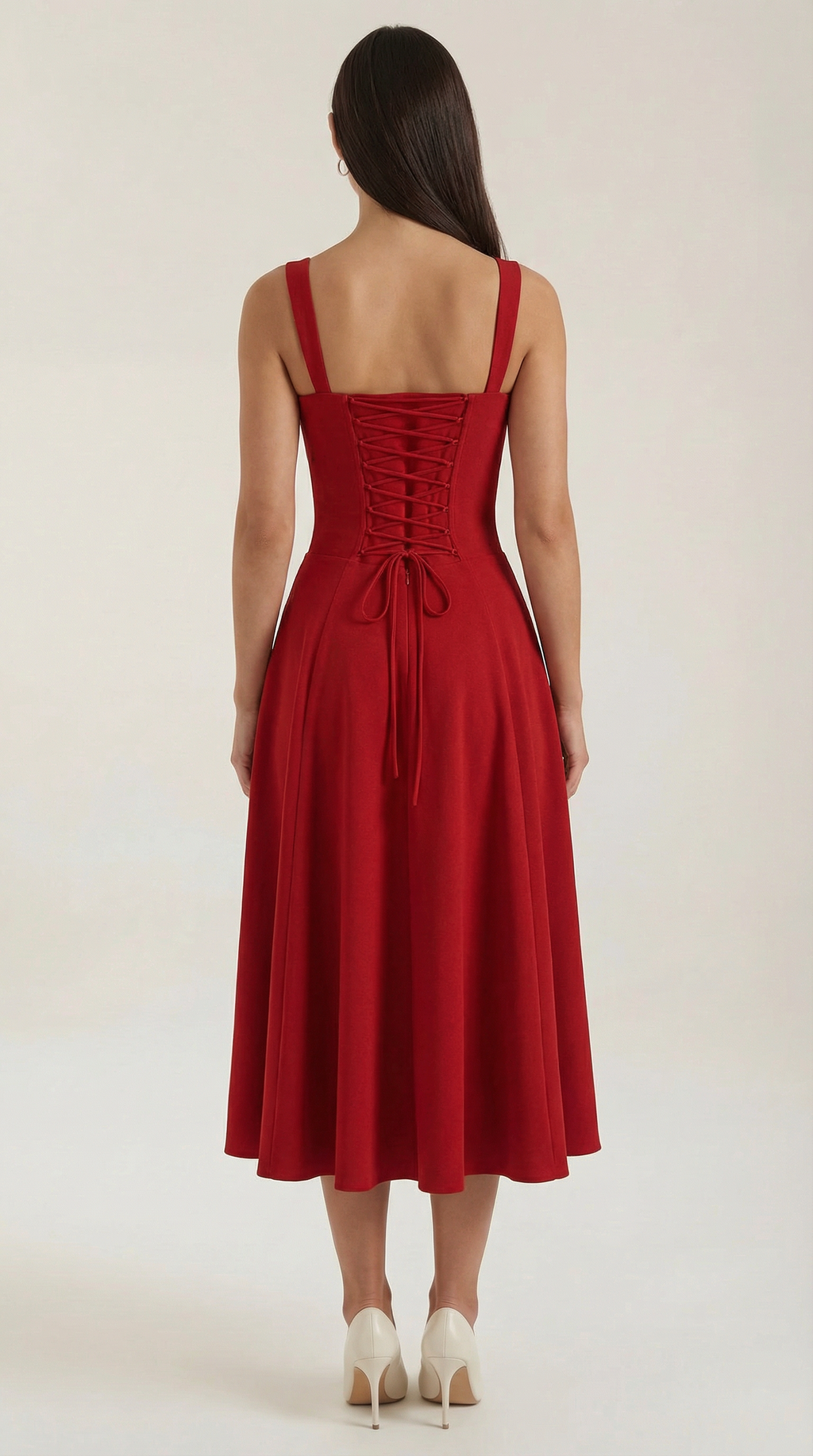 Vestito Midi con Lacci Donna Scollo a Cuore Gonna Svasata Spacco Laterale – Jadélia