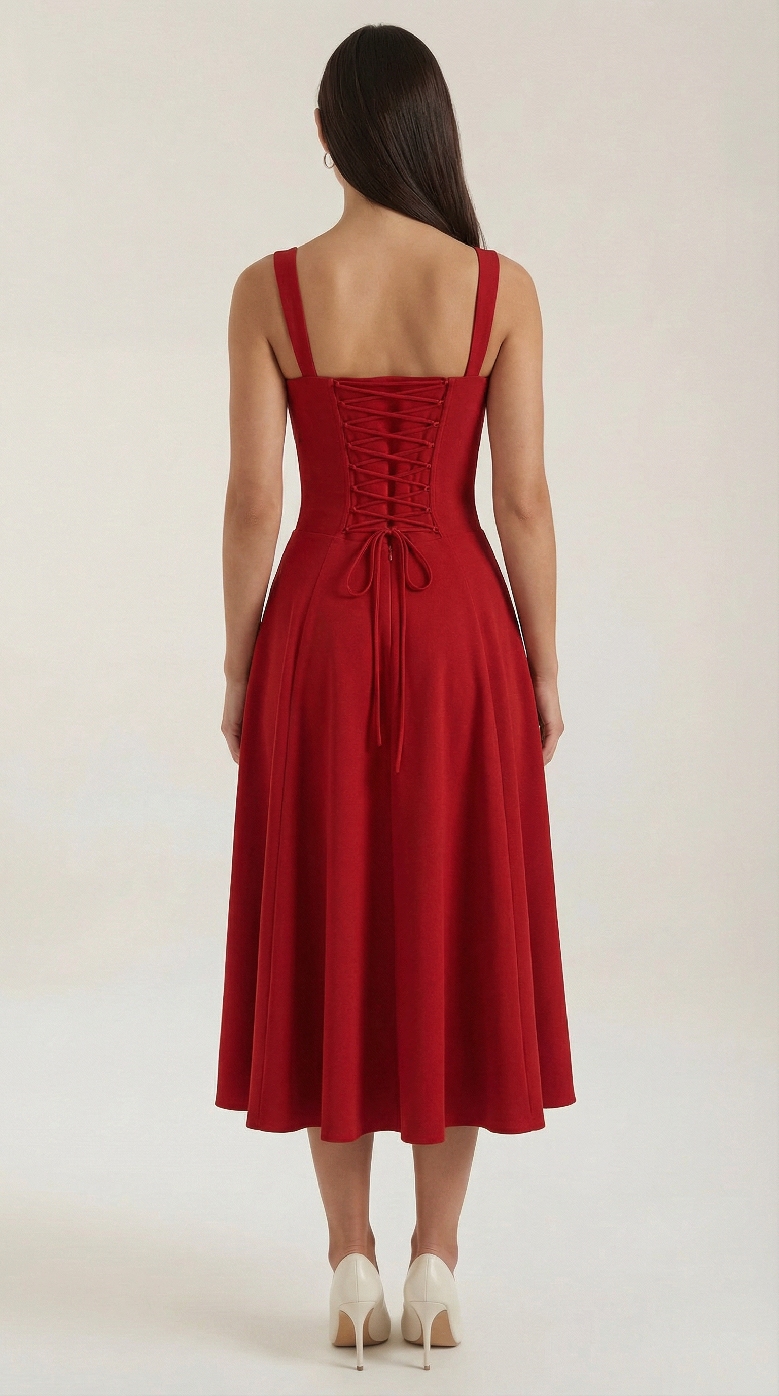 Vestito Midi con Lacci Donna Scollo a Cuore Gonna Svasata Spacco Laterale – Jadélia