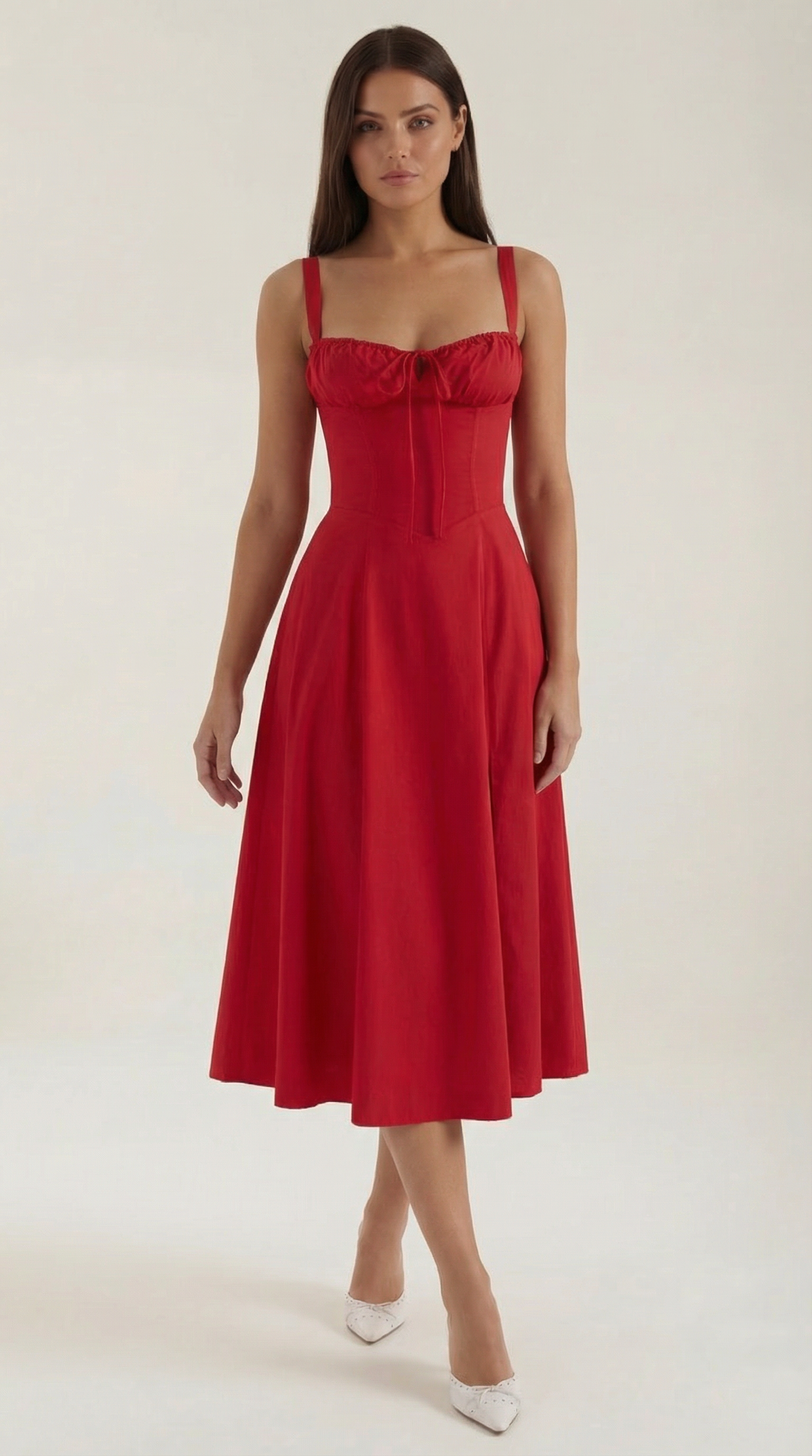 Robe Midi à Lacets Femme Décolleté Cœur Jupe Évasée Fente Latérale – Jadélia