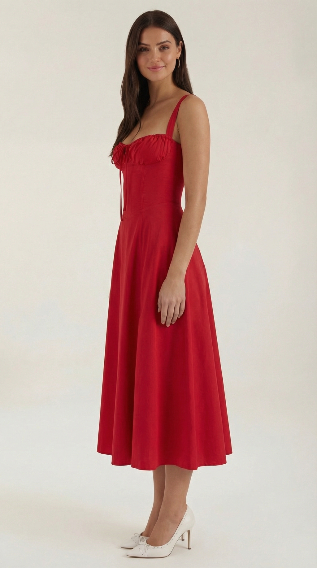 Vestito Midi con Lacci Donna Scollo a Cuore Gonna Svasata Spacco Laterale – Jadélia