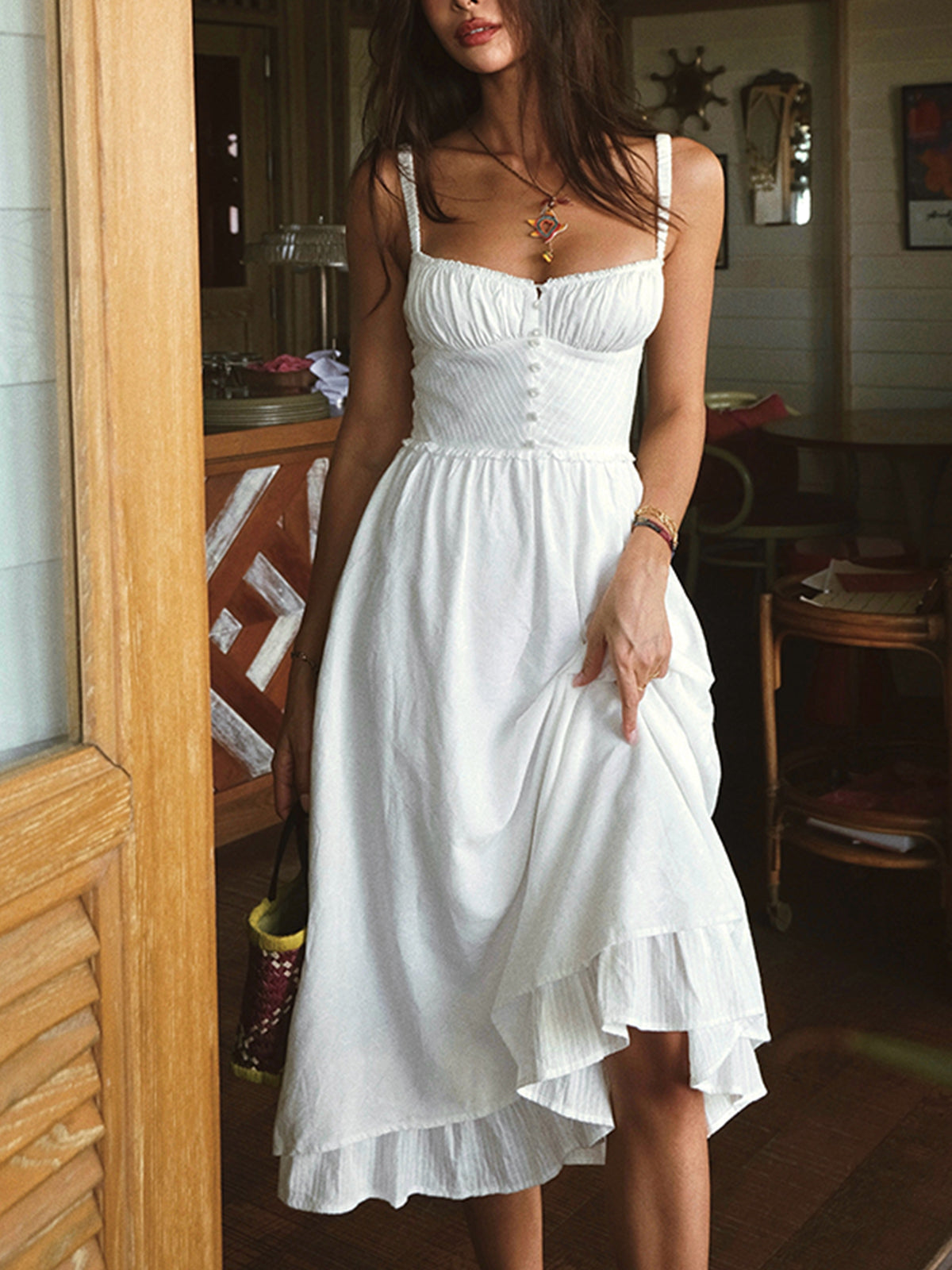Robe Midi Femme Sans Manches Décolleté Coton Blanc Ourlet Volant Invitée Mariage