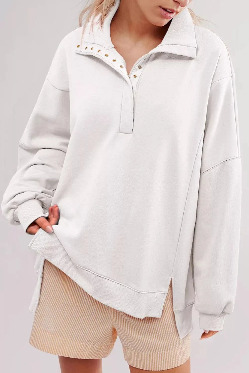 Buttoned Collar Sweater with Asymmetric Cut and Slits