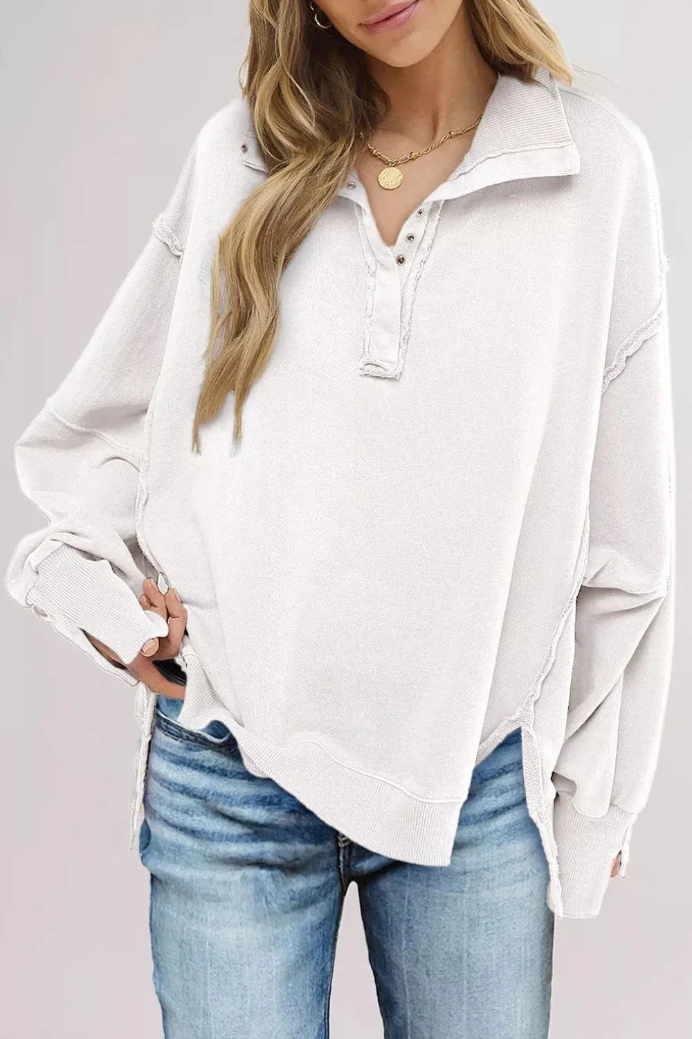Buttoned Collar Sweater with Asymmetric Cut and Slits