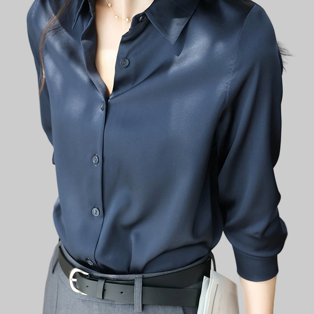 Charming Satin Long-Sleeved Buttoned Blouse for Women – Satin Button