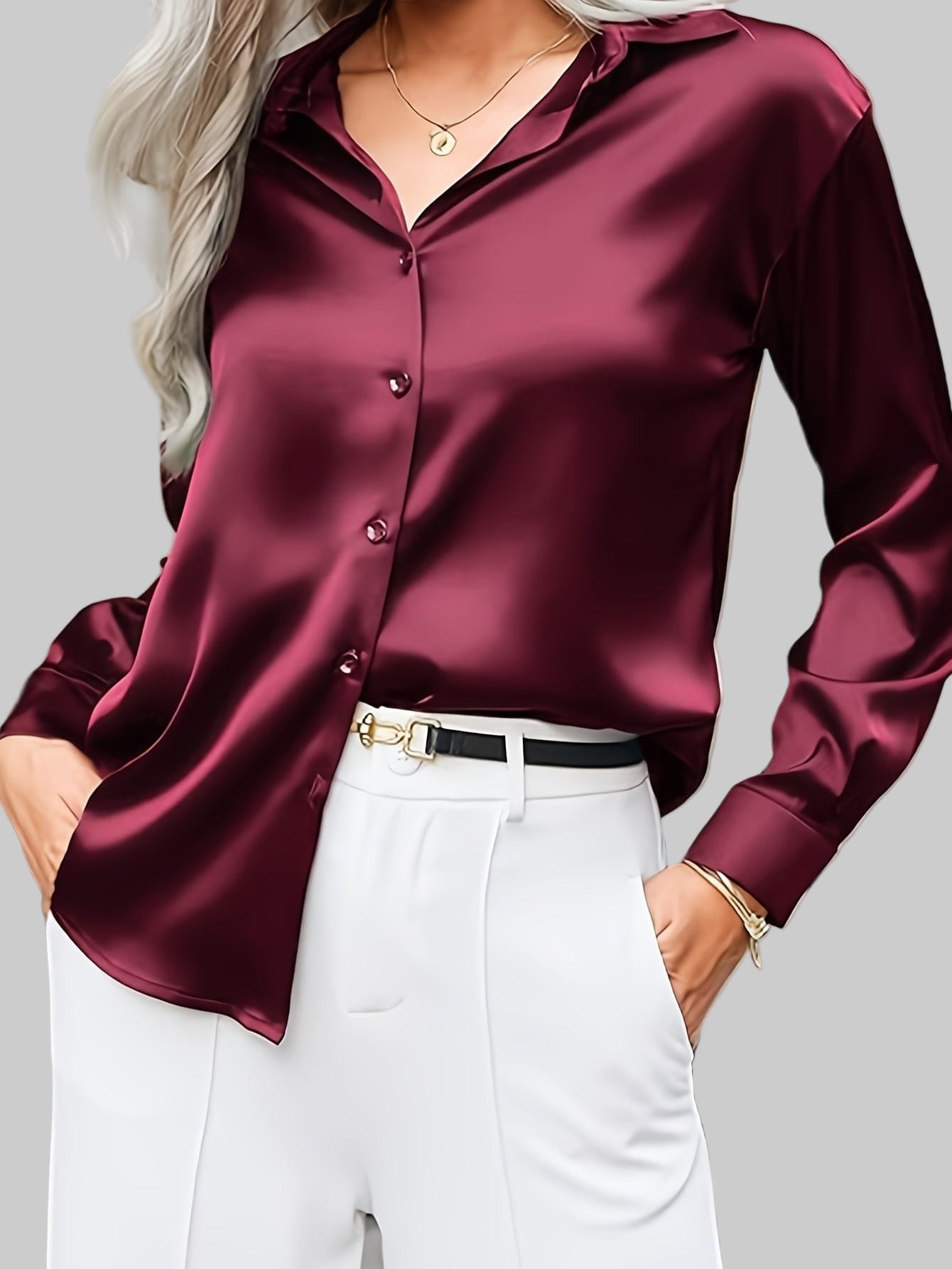 Camicia a bottoni in raso lucente a maniche lunghe per donne – Satin Button