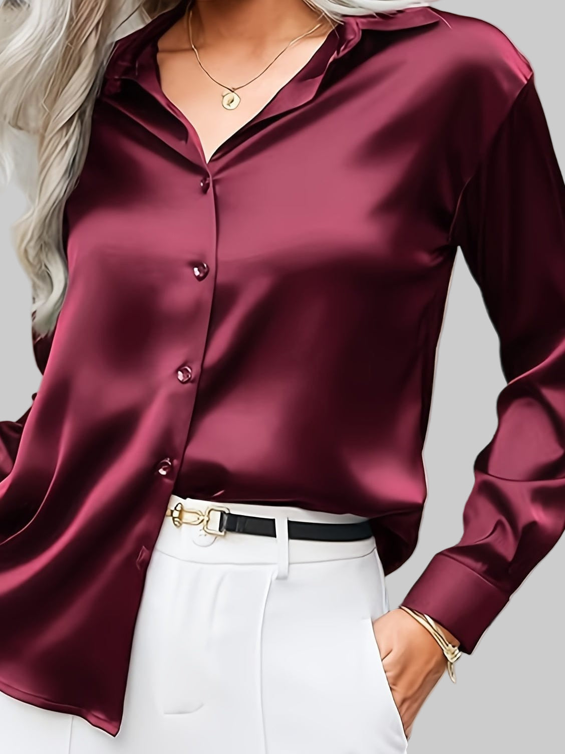 Camicia a bottoni in raso lucente a maniche lunghe per donne – Satin Button