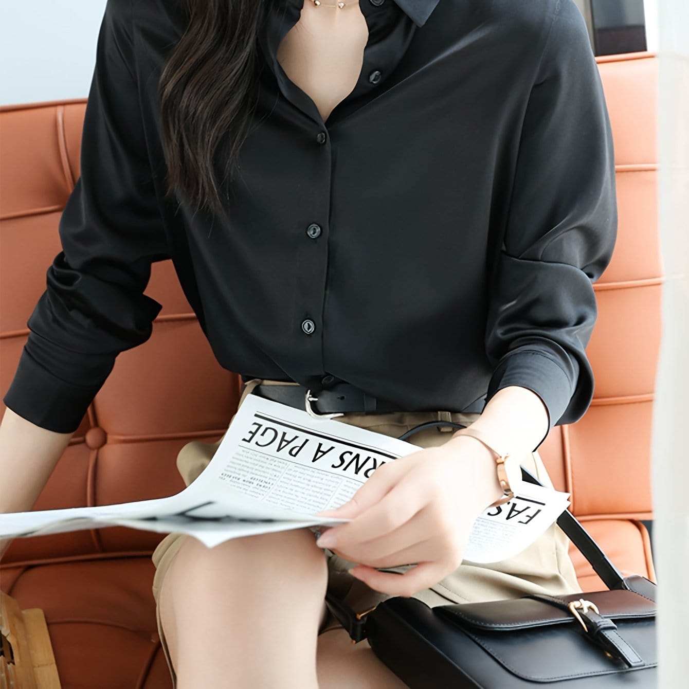 Camicia a bottoni in raso lucente a maniche lunghe per donne – Satin Button